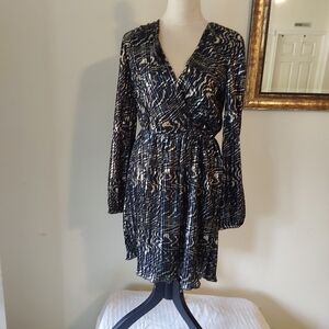 MICHAEL Michael Kors Navy and Gold Printed Long-Sleeve Wrap Dress